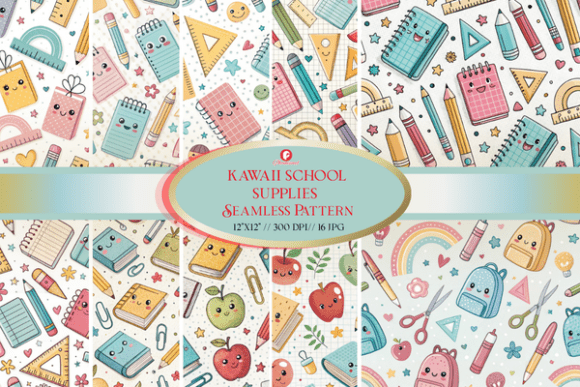 Kawaii School Supplies Seamless Pattern
