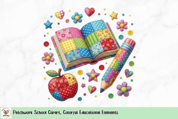 Patchwork School Clipart: Colorful Educational Elements