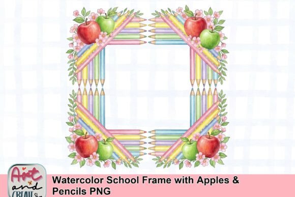 Watercolor School Frame with Apples Pencils PNG